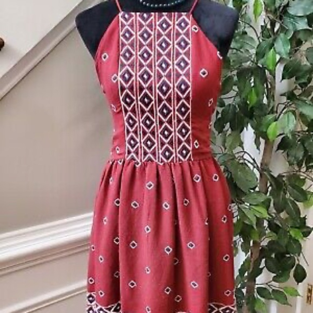 Alya Women's Maroon Polyester Square Neck Sleeveless Knee Length Dress Size L